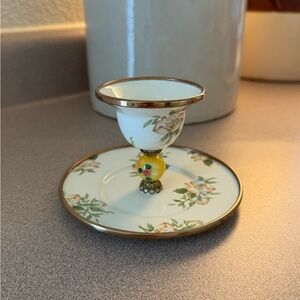 Camp MacKenzie-Childs Porcelain Floral Egg Cup and Saucer with Gold Trim